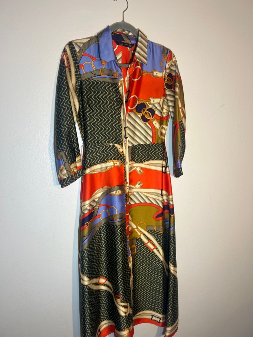 Zara Viral Equestrian Scarf Print Chain-Print Button Up Midi Shirt Dress XS - Picture 9 of 10